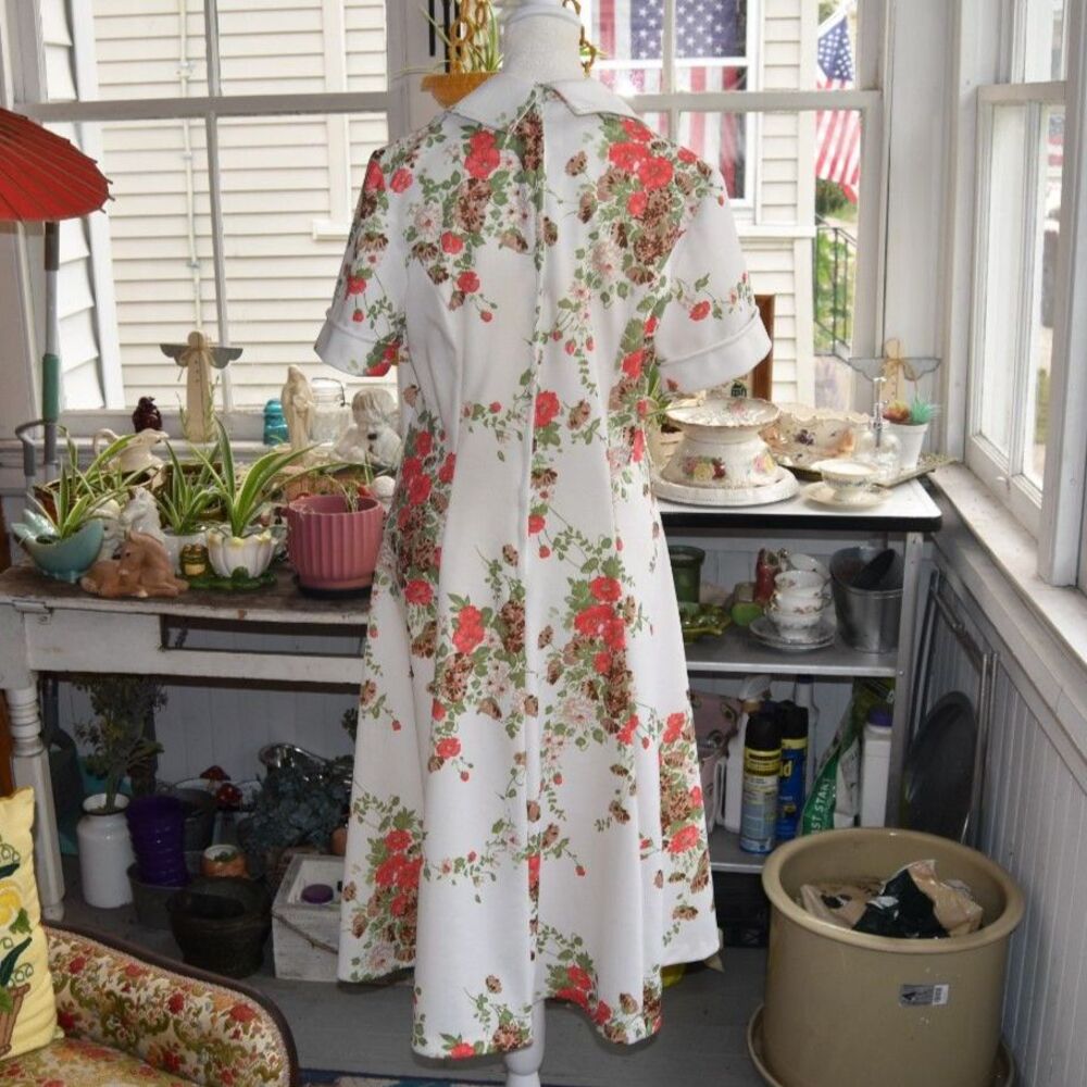 Vintage 1970s Floral Polyester Dress Pointed Collar A Line Midi Size L - Picture 3 of 7